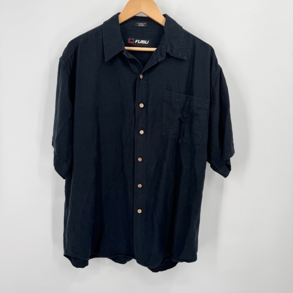 Vintage 90s FUBU Black Short Sleeve Button Shirt Mens XL Linen Hip Hop Baggy Y2K